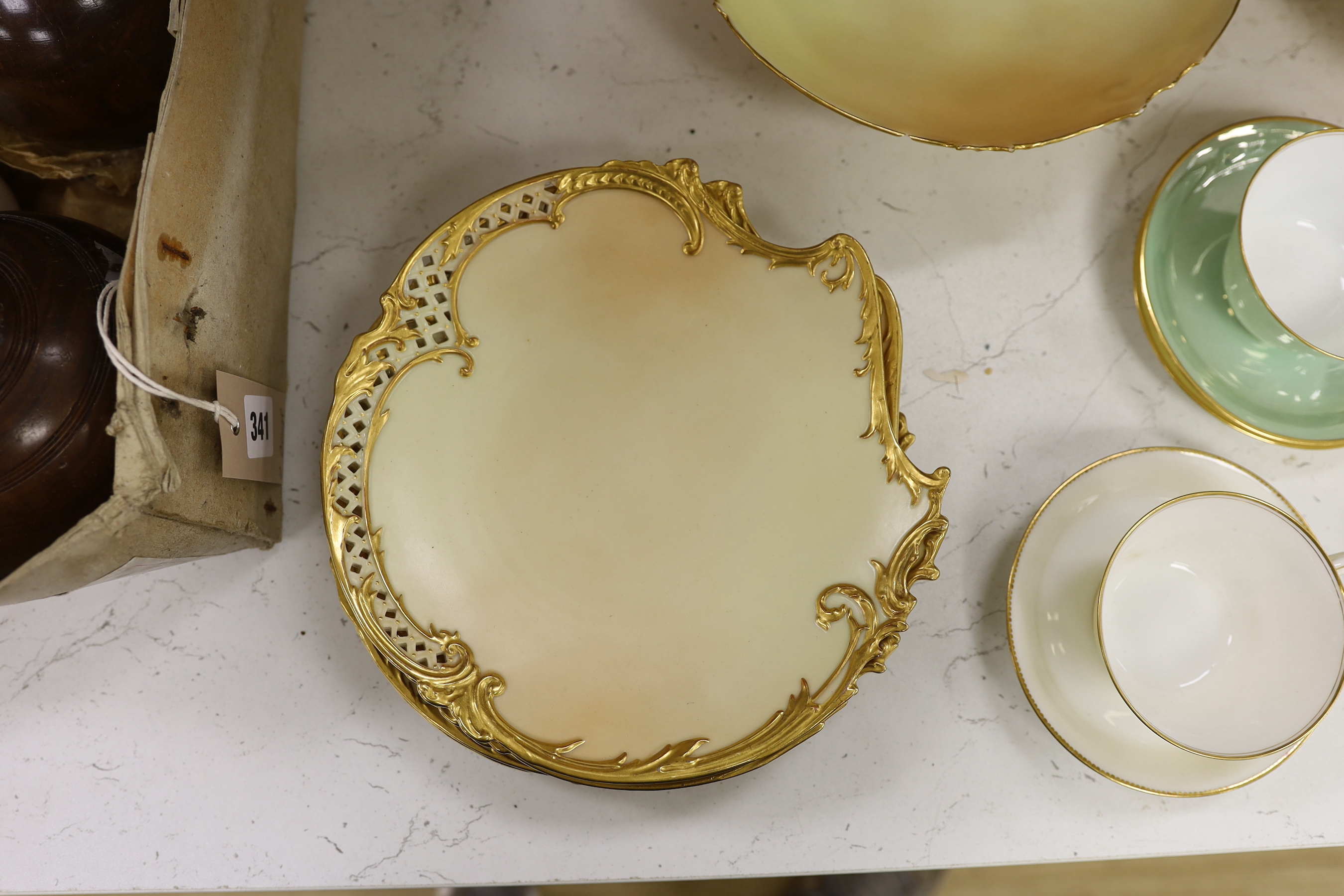 A Royal Worcester blush ivory part dessert set and a harlequin set of lustre tea wares